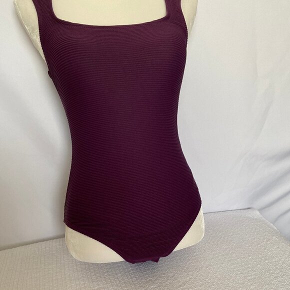One Piece Square Neck Deep Purple Wine Bathing Suit - Picture 5 of 11